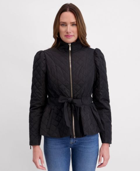Женские куртки Kensie Women's Quilted Puff Sleeved Belted Jacket