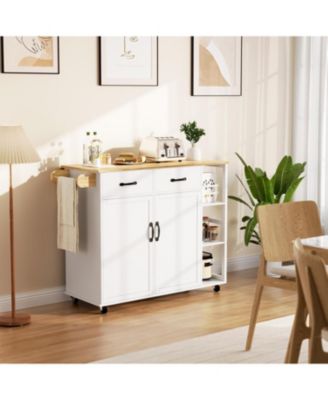 43.12" Rubberwood, Engineered Wood Drop Leaf, Drawers, Adjustable Shelves, Lockable Wheels Kitchen Island Island & Cart