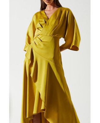 Women's Satin Crepe Ruffle Wrap Midi Dress