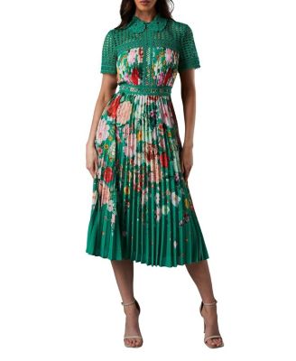 Women's Lisa Tan Lace Pleated Printed Midi Dress