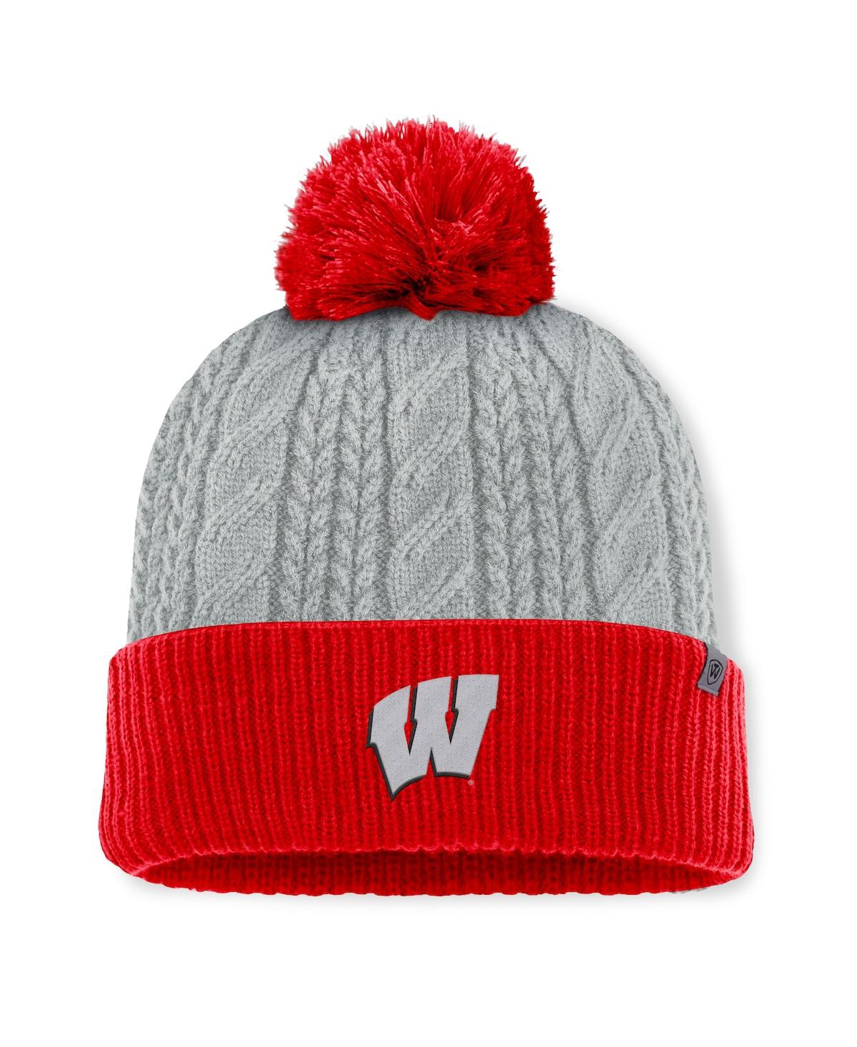Top Of The World Women's Gray/red Wisconsin Badgers Becca Cuffed Knit With Pom Hat In Gray