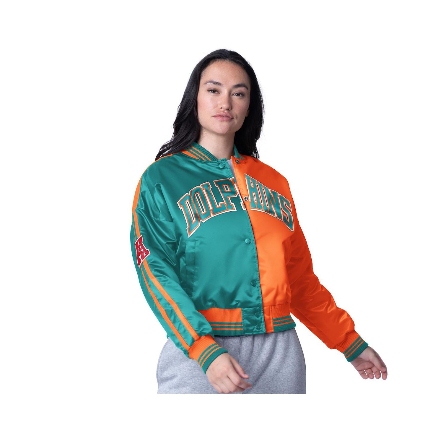 Women's Aqua/Orange Miami Dolphins Zone Blitz Cropped Full-Snap Satin Jacket