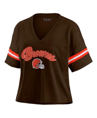Women's Brown Cleveland Browns Color Block Boxy Modest Crop V-Neck T-Shirt