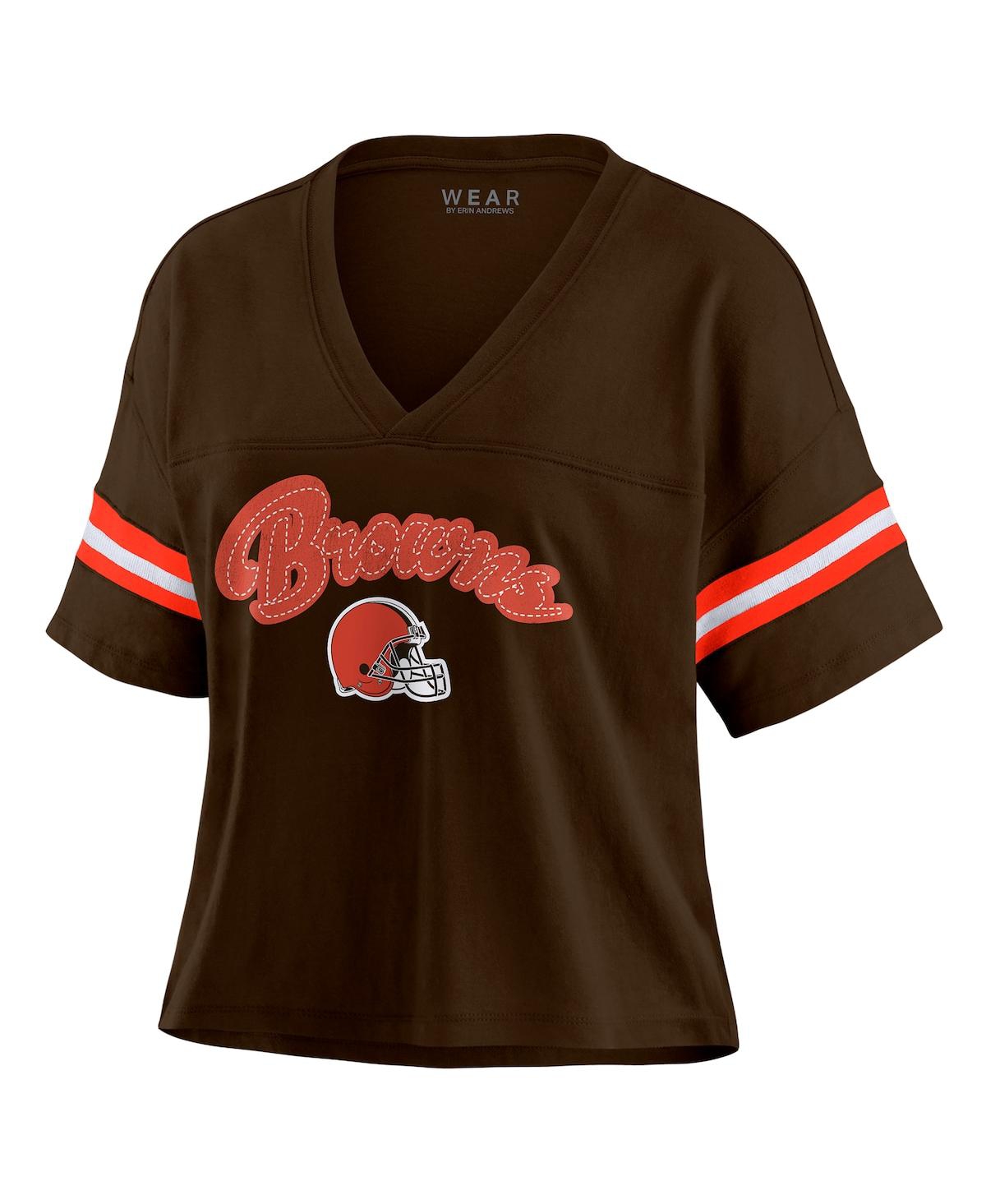 Wear By Erin Andrews Women's Brown Cleveland Browns Color Block Boxy Modest Crop V-neck T-shirt In Brown
