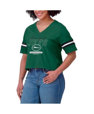 Women's Green New York Jets Color Block Boxy Modest Crop V-Neck T-Shirt