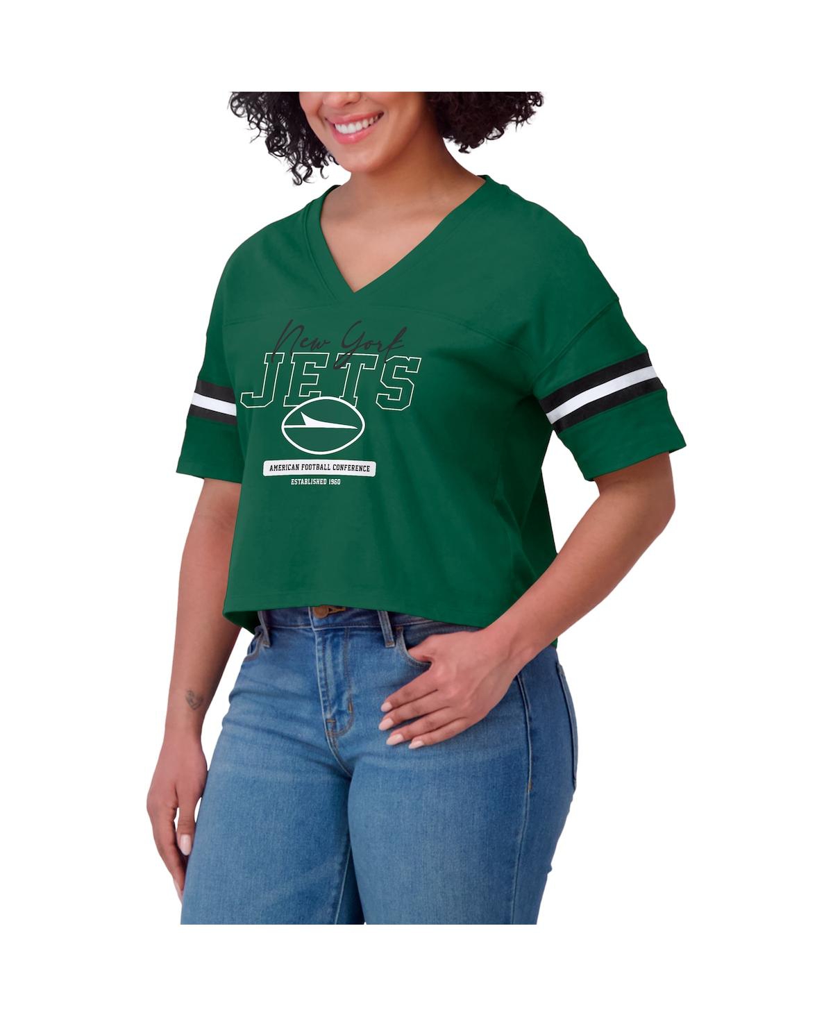 Wear By Erin Andrews Women's Green New York Jets Color Block Boxy Modest Crop V-neck T-shirt In Green