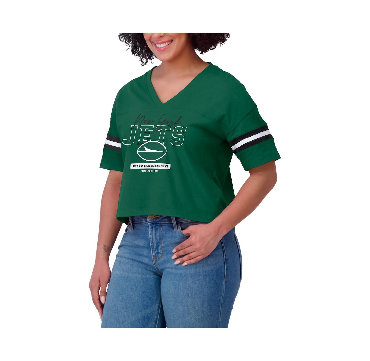 Women's Green New York Jets Color Block Boxy Modest Crop V-Neck T-Shirt