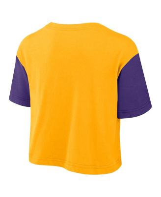 Women's Gold/Purple LSU Tigers Color-Block Script Performance Cropped T-Shirt