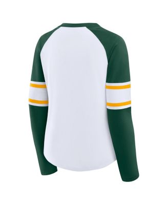 Women's White/Green Green Bay Packers Redzone Blitz Package Raglan Lace-Up V-Neck Long Sleeve T-Shirt