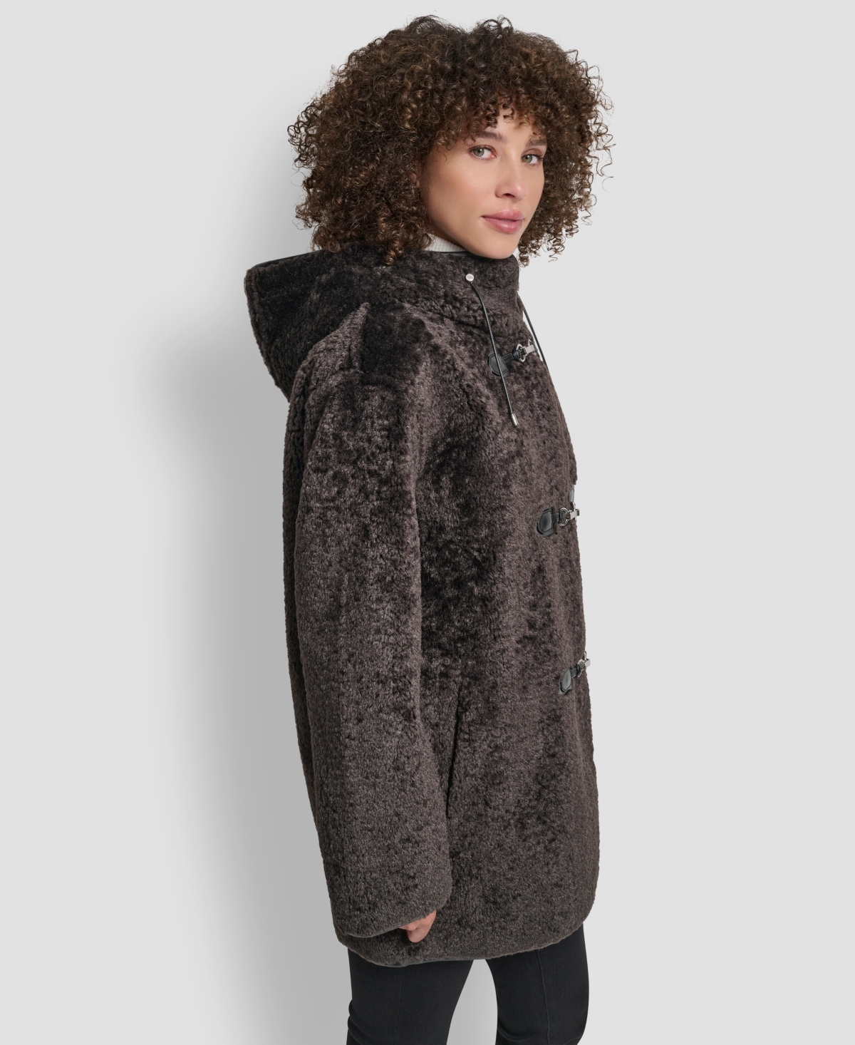 Dkny Womens Shearling Hooded Toggle Coat P Xs Xxl In Brown