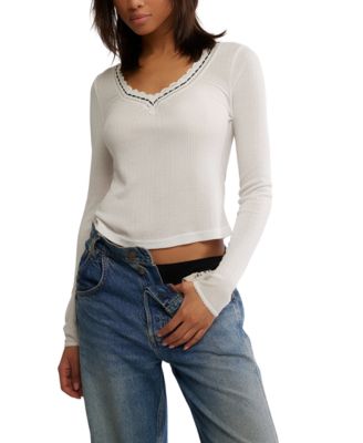 Free People - Women's Lace Trim Long Sleeve Top