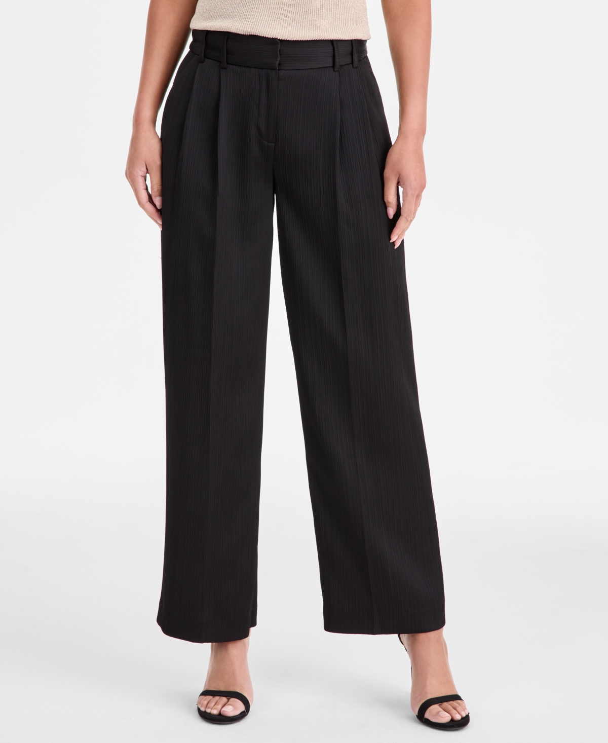 Tahari Asl Petite Crinkle-pleat Wide-leg Pants In Black