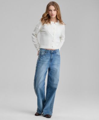 And Now This - Women's High-Rise Faux-Pearl-Side Wide-Leg Jeans