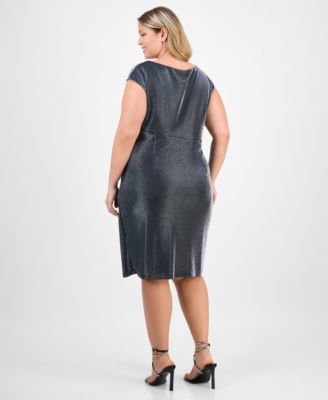 Plus Size Shimmer Boat-Neck Gathered Dress