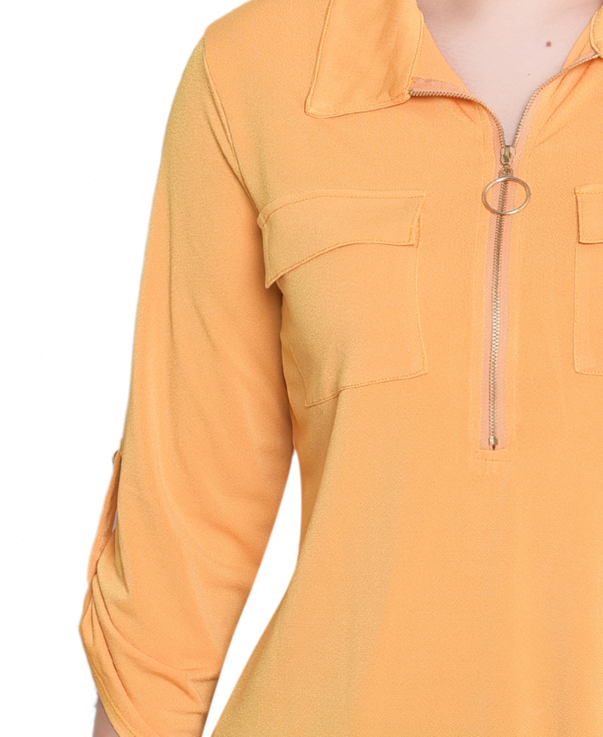 Ny Collection Petite 3/4 Roll Tab Zip Front Top In Orange