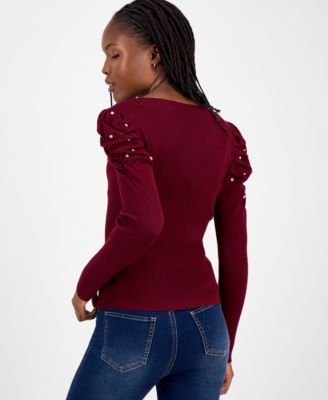 Juniors' Puff-Shoulder Rhinestone Sweater