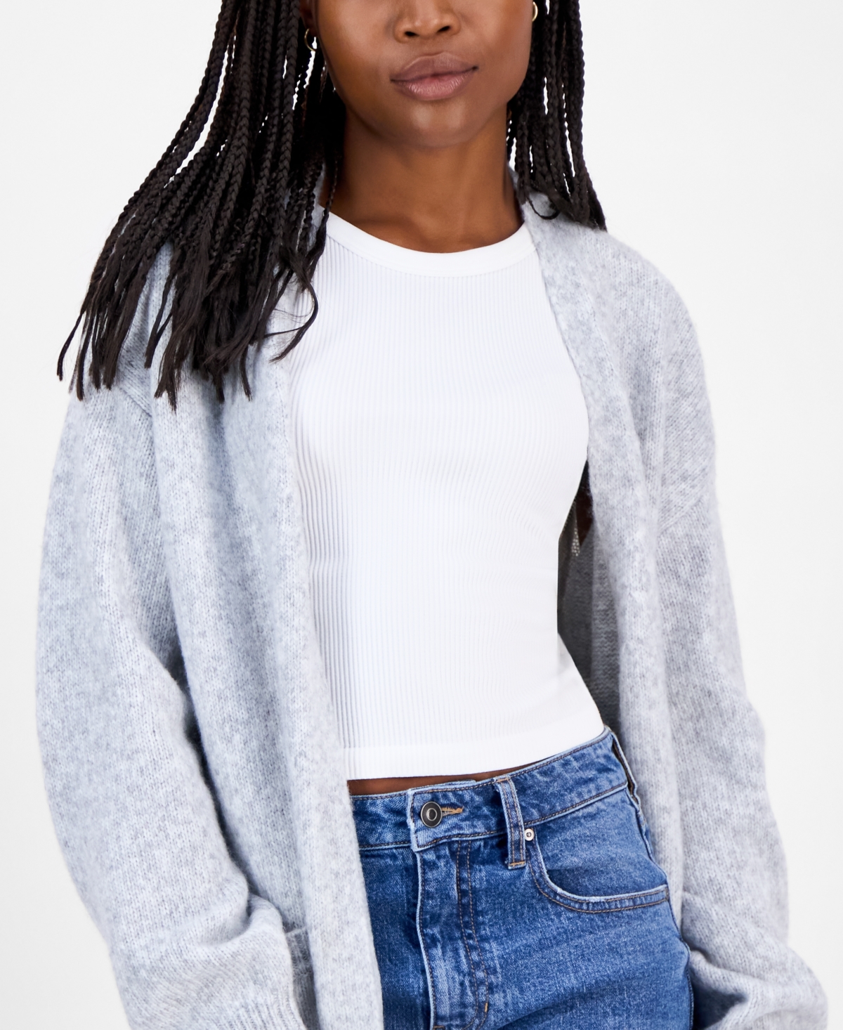 Madden Girl Juniors' Open-front Patch-pocket Duster Cardigan In Gray