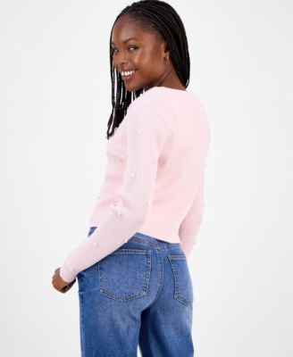 Juniors' Faux-Pearl Ribbed Cardigan