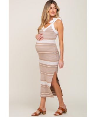 Maternity Taupe Striped Ribbed Sleeveless Knit Dress