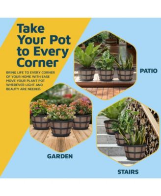 10-Inch Whiskey Barrel Planters Outdoor Pack of 2 - Durable Plastic Plant Pots for Indoor & Outdoor Use with Drainage & Saucer, Lightweight Rustic Barrel Planters for Flowers, Herbs & Small Plants