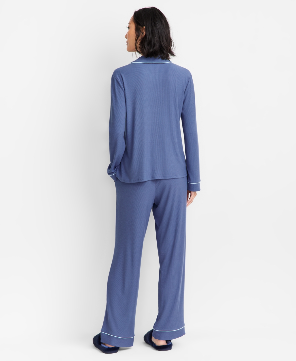 State Of Day Women's 2-pc. Packaged Ribbed Notched-collar Pajamas Set Xs-3x, Created For Macy's In Blue