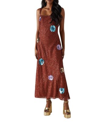 Women's Hand Embellished Flower Burst Midi Dress