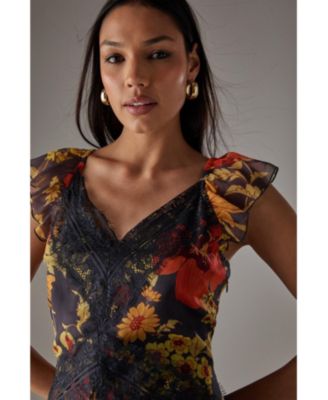 Women's Lace Insert Frill Sleeve Midi Dress