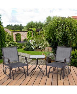 3 Piece Outdoor Glider Chair with Coffee Table Bistro Set, 2 Patio Rocking Swing Chairs with Breathable Sling Fabric, Glass Tabletop, for Backyard, Garden and Porch, Gray