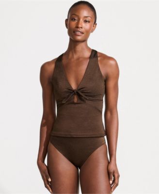 Women's Shine Ribbed Tankini Top and High Waisted Bottom Swimsuit Set