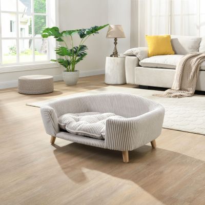 Beige Corduroy Elevated Pet Couch with Wood Legs