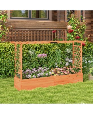 Raised Garden Bed w/ 2-Sided Trellis & Hanging Roof Fir Wood Planter Box w/ Drainage Holes