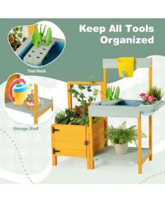 Wooden Potting Bench for Kids w/ See-Through Window Planter Box Garden Trellis