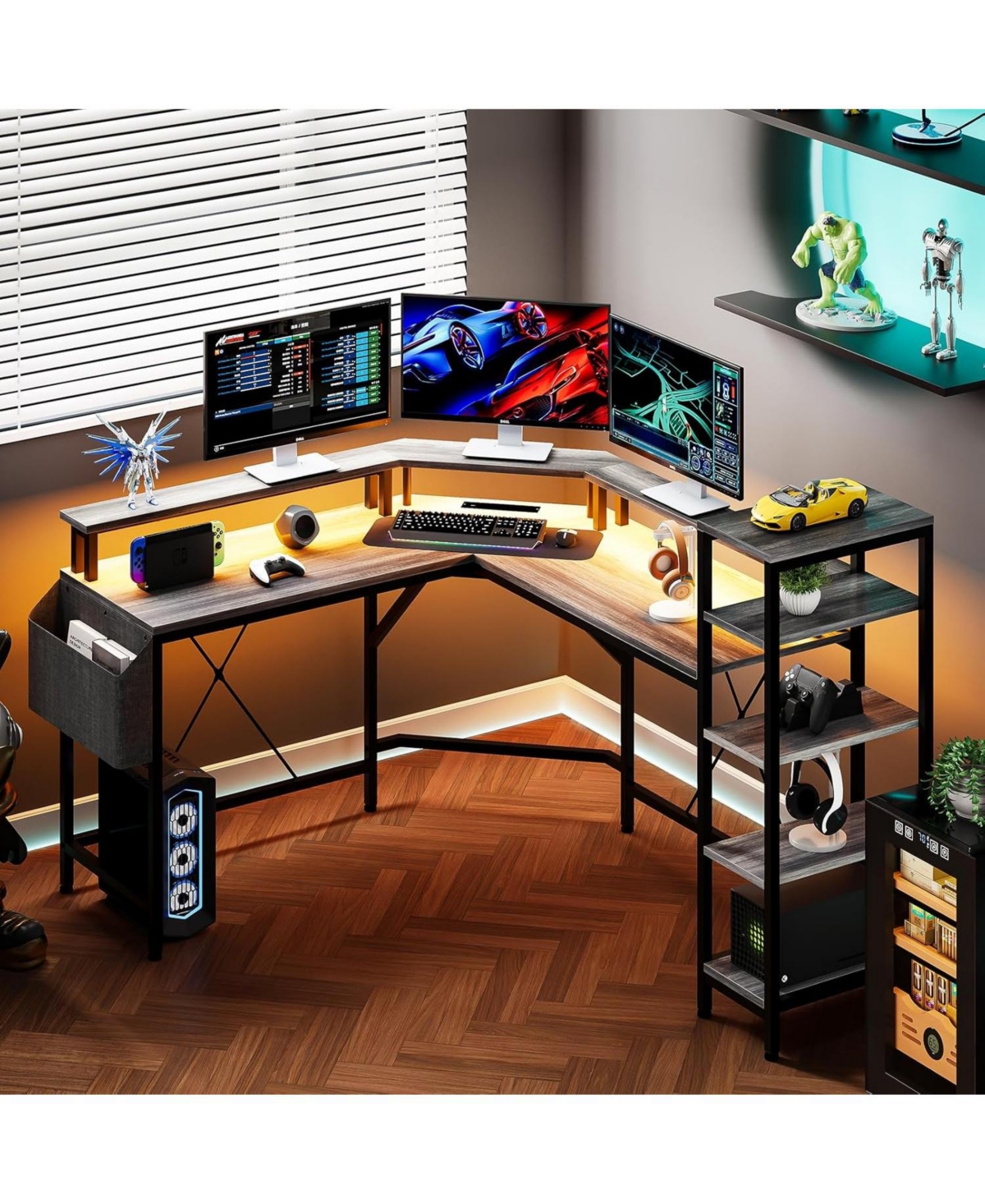 gaomon L Shaped Desk with Power Outlets & Led Lights, 62" Computer Desk with Full Monitor Stand & Storage Shelves, Corner Desk Gaming Desk, Ergonomic