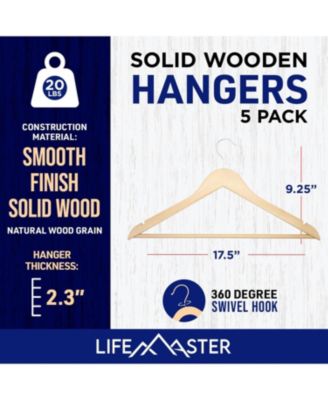 Wooden Clothes Hangers, 360&deg; Swivel Hook, Non-Slip Shoulder Notch, Holds Up to 10 lbs, Pants Bar, for Suits, Dresses & Coats, Pack of 5, Natural