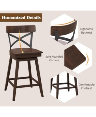 Set of 2 Wooden Swivel Bar Stools with Open X Back and Footrest