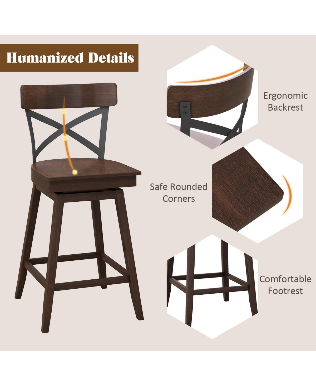 Set of 2 Wooden Swivel Bar Stools with Open X Back and Footrest