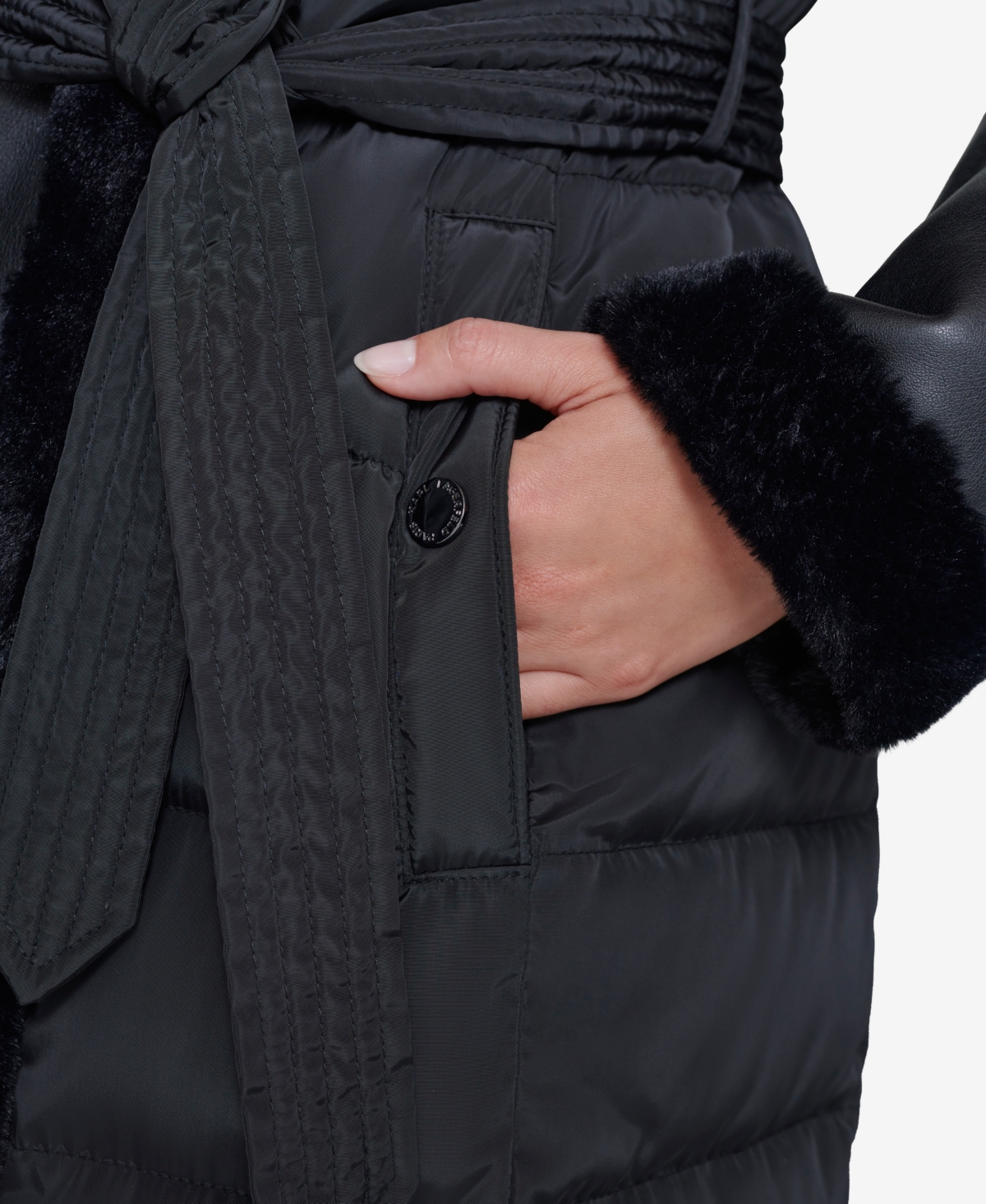 Karl Lagerfeld Paris Faux Fur Trim Quilted Coat In Black