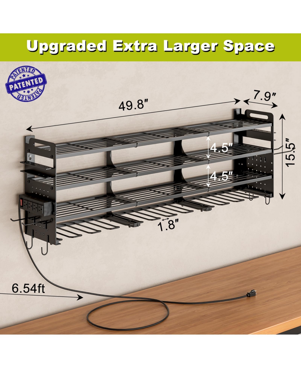 Hausource 4-Tier Power Tool Organizer with Pegboard, 12-Slot Drill Rack & Power Strip,Black