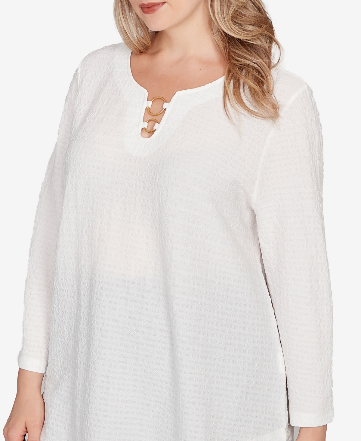 Hearts Of Palm Plus Size Novelty Crinkle 3/4 Sleeve Top In White