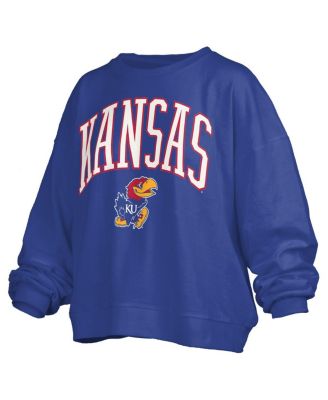 Women's Royal Kansas Jayhawks Janise Arch Over Logo Waist Length Oversized Pullover Sweatshirt