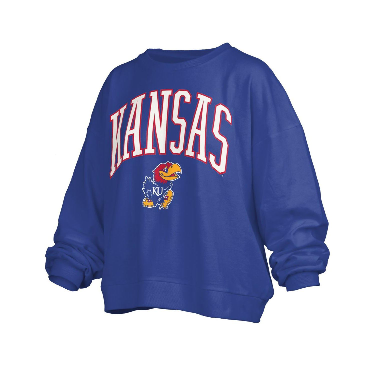 Women's Royal Kansas Jayhawks Janise Arch Over Logo Waist Length Oversized Pullover Sweatshirt