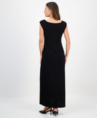 Petite Cap Sleeve Trim Neck Detail Long Dress
