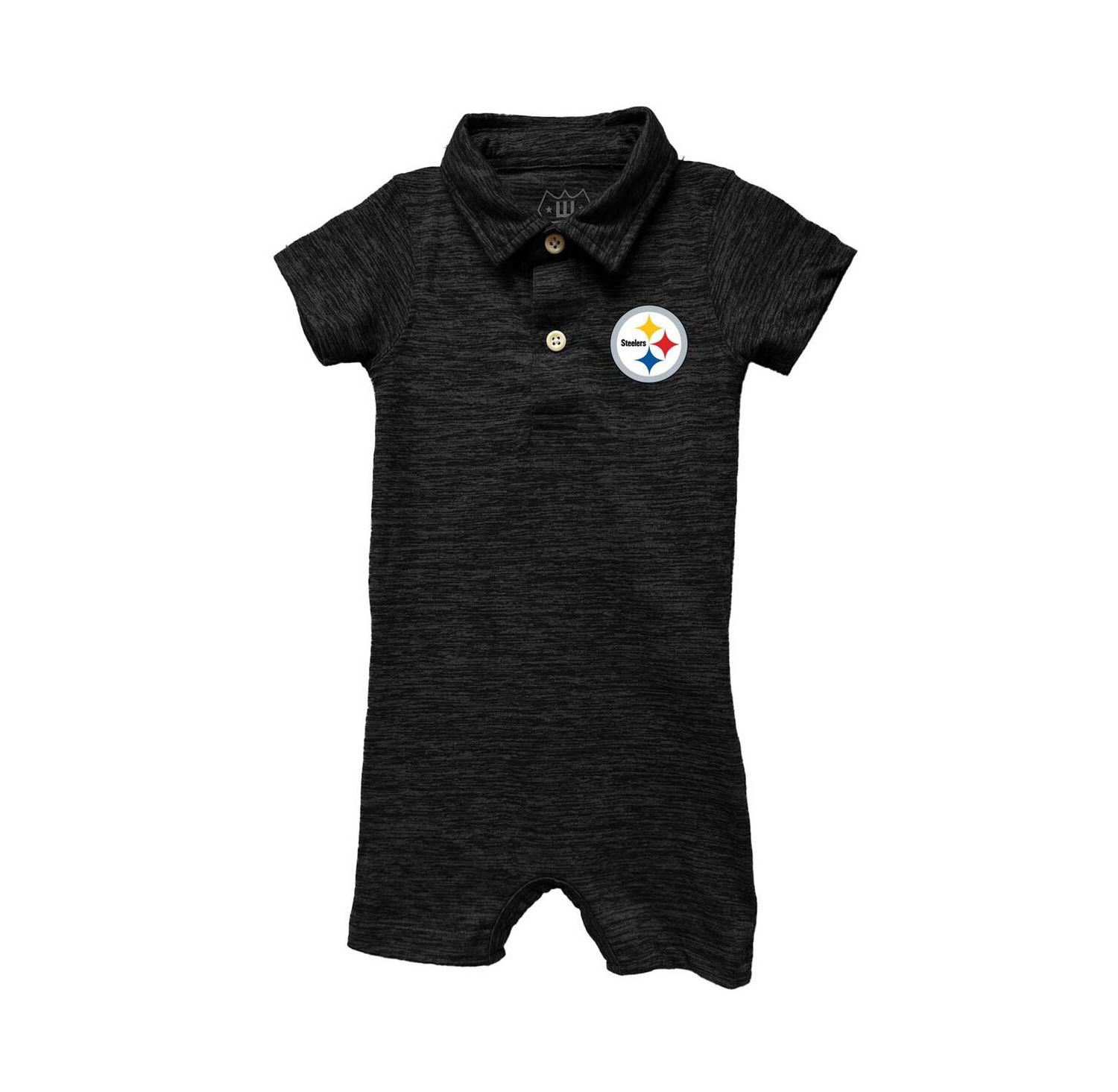 Baby Boys and Girls Black Pittsburgh Steelers Short Leg Cloudy Yarn Polo Bodysuit
