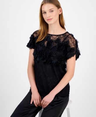 Petite Rosette Lace Boat-Neck Top