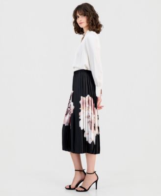 Petite Printed Pleated Satin Skirt