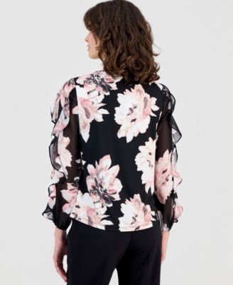 Petite Ruffled-Sleeve Shirred Floral Top