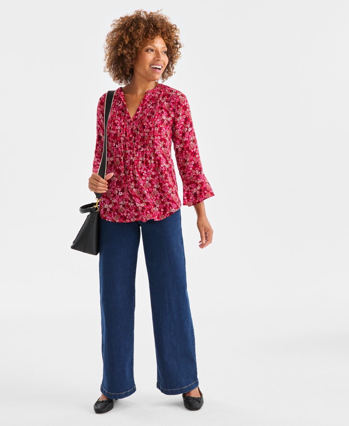 Style & Co Petite Romance Ditsy Pintucked Top, Macy's Exclusive In Multi