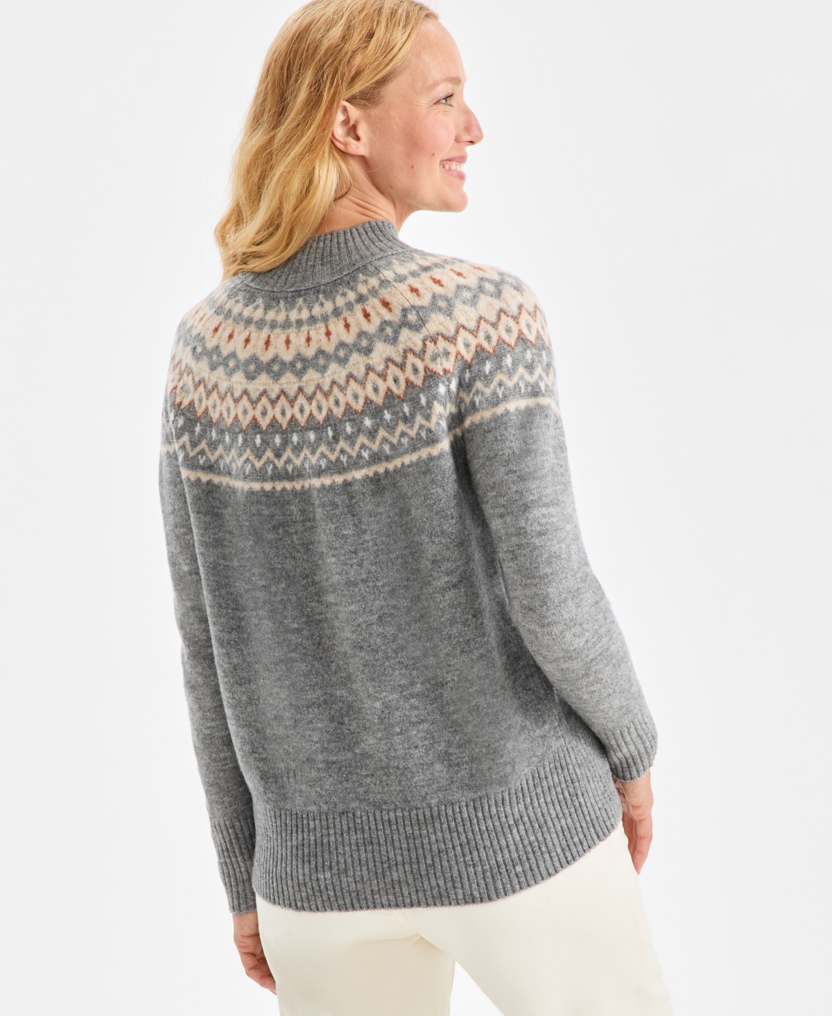 Style & Co Women's Mock-neck Fair Isle Sweater, Macy's Exclusive In Gray