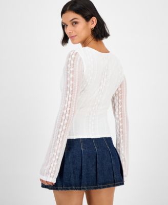 Juniors' Lace V-Neck Bell-Sleeve Top