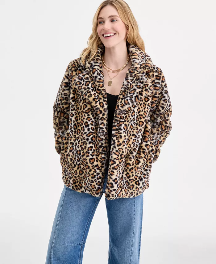 Women's Woven Sketchy Leopard-Print Faux-Fur Coat - thumbnail 4
